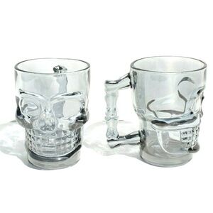 Skeleton Clear Heavy Base‎ Glass Skull Face Drinking Mugs Set of 2 Beer Cups